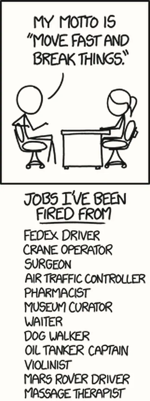 Một người đi phỏng vấn nói: My motto is move fast and break things. Bên dưới là danh sách Jobs I've been fired from: FedEx driver, crane operator, surgeon, air traffic controller, pharmacist, museum curator, waiter, dog walker, oil tanker captain, violinist, Mars rover driver, massage therapist.
