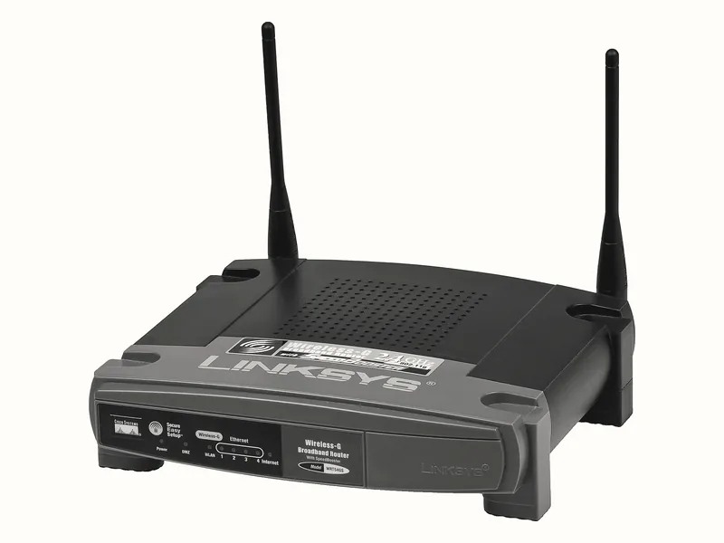 Một router không dây gia đình có hai ăng-ten dựng đứng.