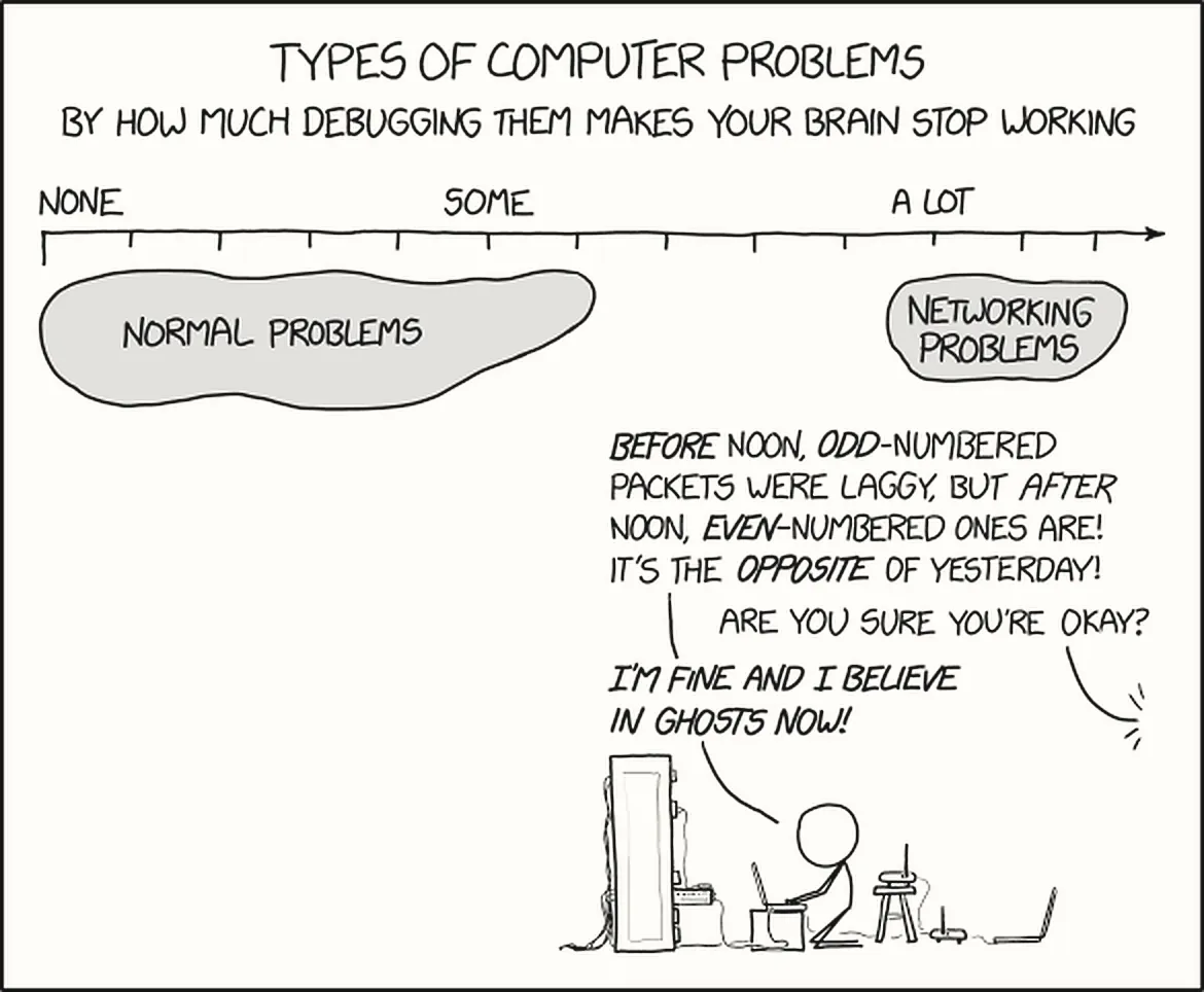 Một trục ngang: Types of computer problems by how much debugging them makes your brain stop working, từ None tới A lot. Normal problems nằm ở nửa trái; Networking problems đứng riêng ở đầu A lot. Bên dưới, một người ngồi giữa đống thiết bị mạng nói: trước buổi trưa các gói tin số lẻ bị chậm, sau buổi trưa tới lượt gói số chẵn, ngược hẳn hôm qua. Người kia hỏi: Are you sure you're okay? Người ngồi đáp: I'm fine and I believe in ghosts now!