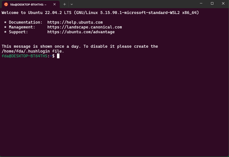 Cửa sổ Windows Terminal nền tím sẫm, một tab Ubuntu. Dòng chào: Welcome to Ubuntu 22.04.2 LTS (GNU/Linux 5.15.90.1-microsoft-standard-WSL2 x86_64), rồi tới dấu nhắc lệnh.