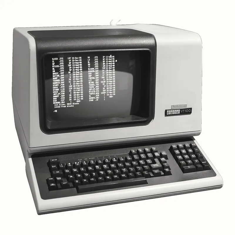 Terminal DEC VT100 với màn hình chữ phía trên và bàn phím rời phía dưới.